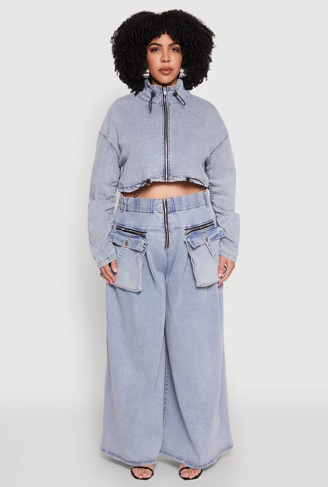 Womens Plus Spoon Jeans Drawstring Cropped Jacket, Blue,