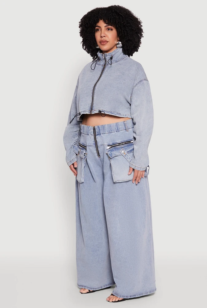 Womens Plus Spoon Jeans Drawstring Cropped Jacket, Blue,