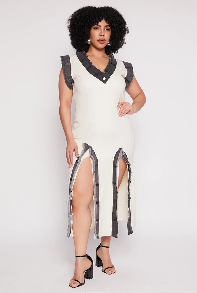 Womens Plus Size Denim Trim High Slit Midi Dress, White, Size 2X