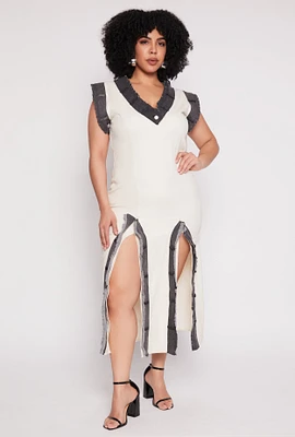 Womens Plus Size Denim Trim High Slit Midi Dress, White, Size 2X