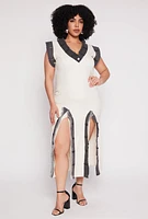Womens Plus Size Denim Trim High Slit Midi Dress, White, Size 2X