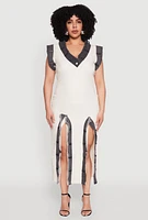 Womens Plus Size Denim Trim High Slit Midi Dress, White, Size 2X