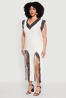 Womens Plus Size Denim Trim High Slit Midi Dress, White, Size 2X