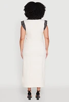 Womens Plus Size Denim Trim High Slit Midi Dress, White, Size 2X