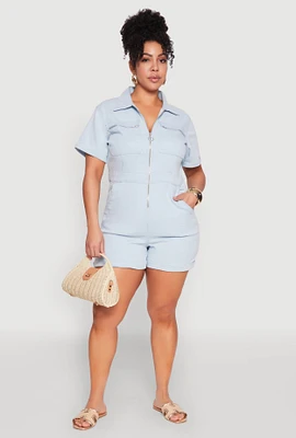 Womens Plus Denim Zip Front Romper, Blue,