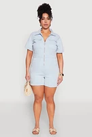 Womens Plus Denim Zip Front Romper, Blue,