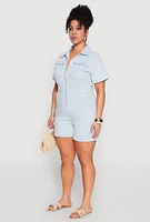 Womens Plus Denim Zip Front Romper, Blue,
