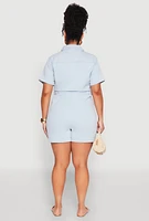 Womens Plus Denim Zip Front Romper, Blue,