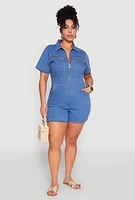 Womens Plus Denim Zip Front Romper, Blue,