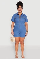 Womens Plus Denim Zip Front Romper, Blue,
