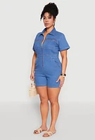 Womens Plus Denim Zip Front Romper, Blue,