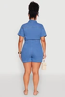 Womens Plus Denim Zip Front Romper, Blue,