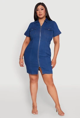 Womens Plus Size Denim Pintuck Zip Front Shirt Dress, Blue, Size 2X