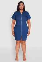 Womens Plus Size Denim Pintuck Zip Front Shirt Dress, Blue, Size 2X