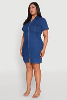 Womens Plus Size Denim Pintuck Zip Front Shirt Dress, Blue, Size 2X
