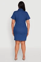 Womens Plus Size Denim Pintuck Zip Front Shirt Dress, Blue, Size 2X