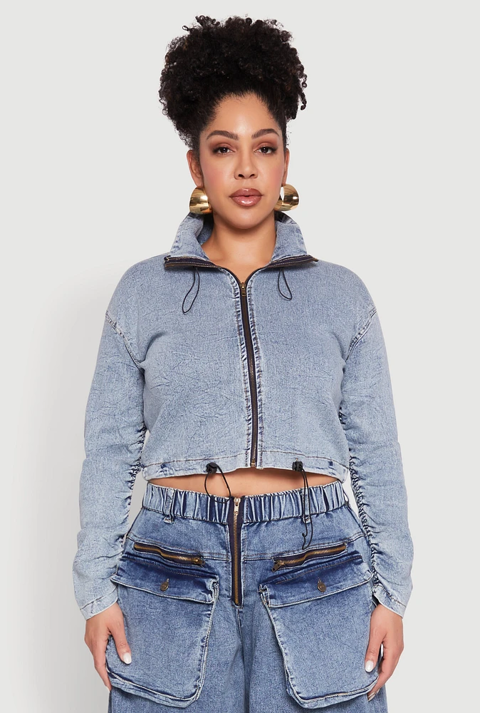 Womens Plus Size Ruched Zip Front Drawstring Hem Jean Jacket, Blue, Size 1X
