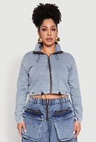Womens Plus Size Ruched Zip Front Drawstring Hem Jean Jacket, Blue, Size 1X