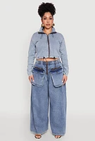 Womens Plus Size Ruched Zip Front Drawstring Hem Jean Jacket, Blue, Size 1X