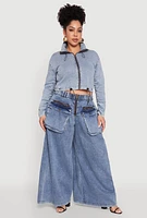 Womens Plus Size Ruched Zip Front Drawstring Hem Jean Jacket, Blue, Size 1X