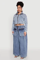 Womens Plus Size Ruched Zip Front Drawstring Hem Jean Jacket, Blue, Size 1X