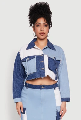 Womens Plus Size Color Blocked Jean Jacket, Blue, Size 2X
