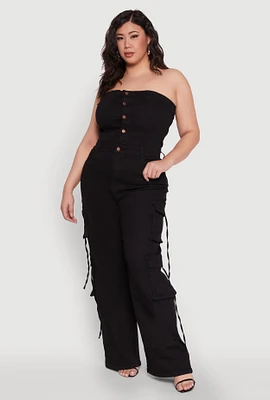 Womens Plus Daisy Strapless Denim Cargo Jumpsuit,