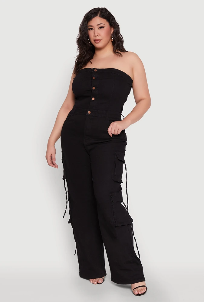 Womens Plus Daisy Strapless Denim Cargo Jumpsuit,