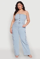 Womens Plus Size Daisy Strapless Denim Cargo Jumpsuit, Blue, Size 2X