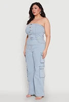 Womens Plus Size Daisy Strapless Denim Cargo Jumpsuit, Blue, Size 2X