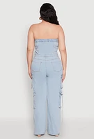 Womens Plus Size Daisy Strapless Denim Cargo Jumpsuit, Blue, Size 1X