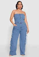 Womens Plus Daisy Strapless Denim Cargo Jumpsuit, Blue,