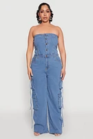Womens Plus Daisy Strapless Denim Cargo Jumpsuit, Blue,