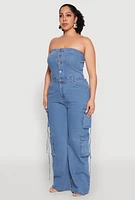 Womens Plus Daisy Strapless Denim Cargo Jumpsuit, Blue,