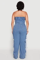 Womens Plus Daisy Strapless Denim Cargo Jumpsuit, Blue,