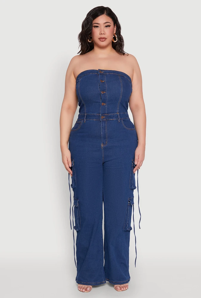 Womens Plus Size Daisy Strapless Denim Cargo Jumpsuit, Blue, Size 3X