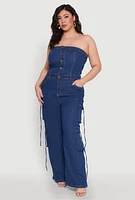 Womens Plus Size Daisy Strapless Denim Cargo Jumpsuit, Blue, Size 3X