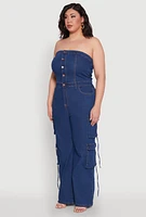 Womens Plus Size Daisy Strapless Denim Cargo Jumpsuit, Blue, Size 3X