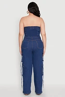 Womens Plus Size Daisy Strapless Denim Cargo Jumpsuit, Blue, Size 3X