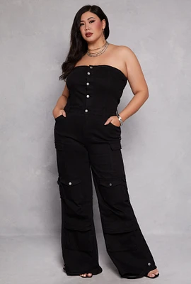 Womens Plus Size Daisy Denim Strapless Cargo Jumpsuit, Black, Size 3X