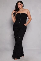 Womens Plus Size Daisy Denim Strapless Cargo Jumpsuit, Black, Size 3X