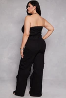 Womens Plus Size Daisy Denim Strapless Cargo Jumpsuit, Black, Size 3X