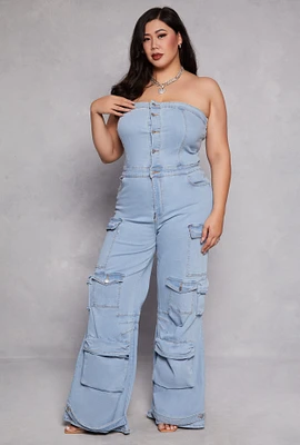 Womens Plus Daisy Denim Strapless Cargo Jumpsuit, Blue,