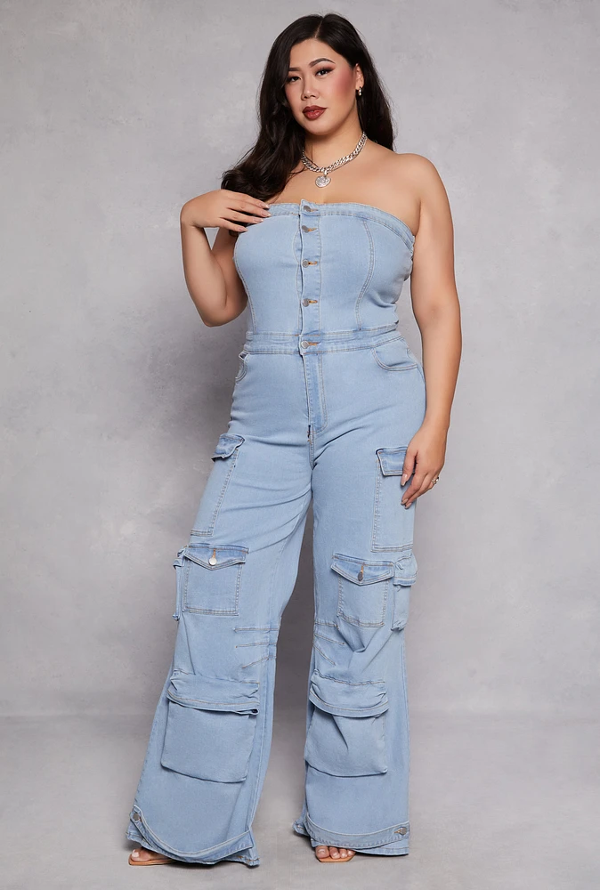 Womens Plus Size Daisy Denim Strapless Cargo Jumpsuit, Blue, Size 3X