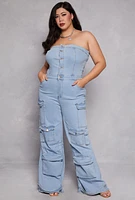 Womens Plus Size Daisy Denim Strapless Cargo Jumpsuit, Blue, Size 3X