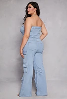 Womens Plus Size Daisy Denim Strapless Cargo Jumpsuit, Blue, Size 3X