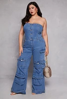 Womens Plus Daisy Denim Strapless Cargo Jumpsuit, Blue,