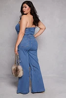 Womens Plus Daisy Denim Strapless Cargo Jumpsuit, Blue,