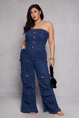 Womens Plus Size Daisy Denim Strapless Cargo Jumpsuit, Blue, Size 3X