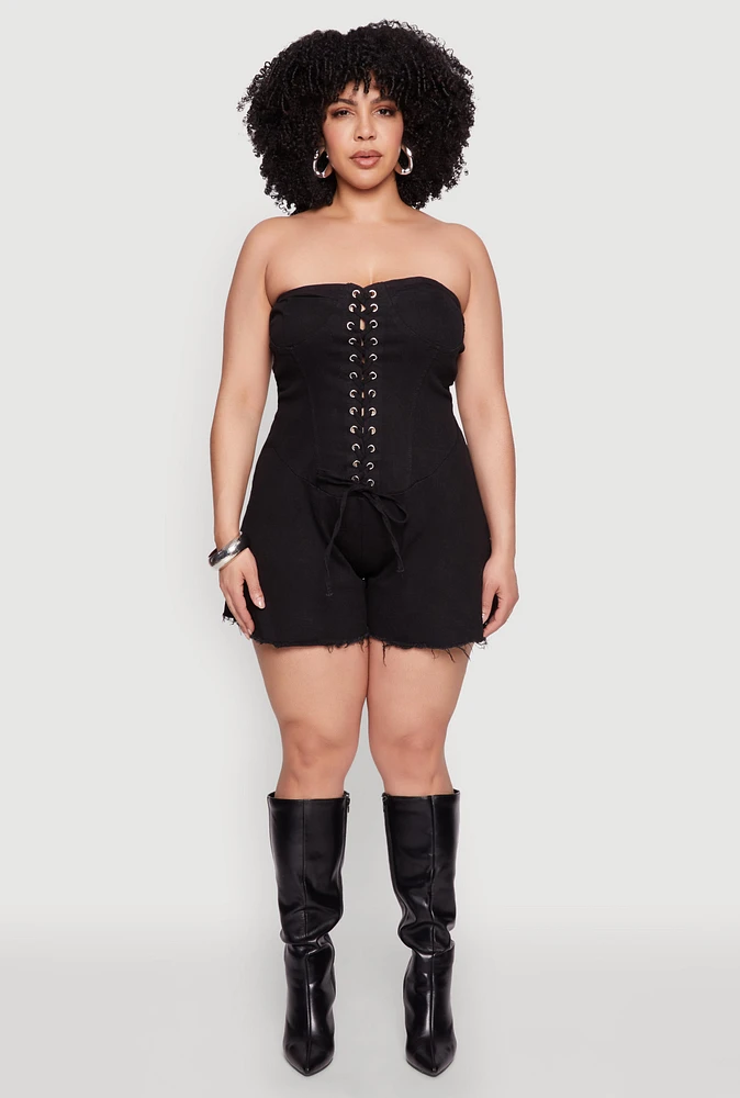 Womens Plus Size Daisy Strapless Lace Up Denim Romper, Black, Size 1X